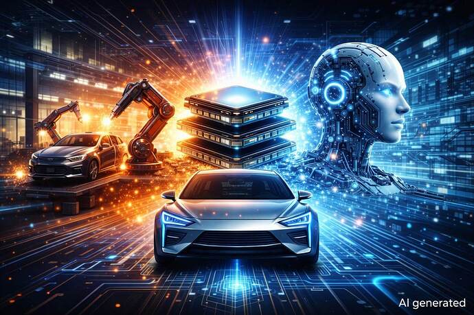 Futuristic image showing the competition for semiconductor resources between the automotive industry and AI applications, with a focus on a glowing microchip and a modern electric car.