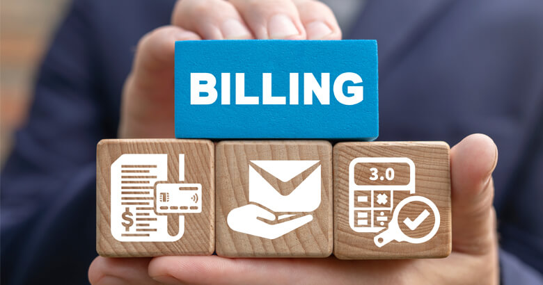 Building blocks labeled Billing and XRechnung held in a hand