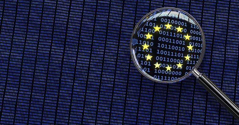 Magnifying glass with EU flag enlarged zeros and ones