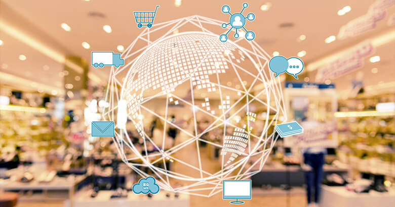 A typical store in the background with a schematic representation of the globe & different sales channels in the foreground.