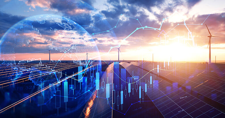 Photovoltaic power plant with double exposure of digital financial charts and stock exchange.