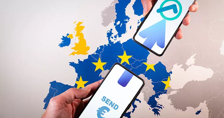 Stylized graphic of two mobile phones exchanging a payment over a map of the euro area.